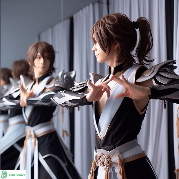 Anime Cosplay: Anime Cosplayer practicing postures in front of a mirror