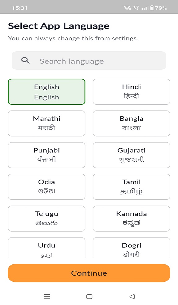 Choose your preferred language in Bhashini Mobile App